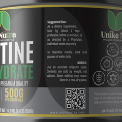 Nutrition facts panel on Unike Nutra Creatine label
