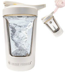 Front view of white 15oz Unique Formula electric protein shaker bottle