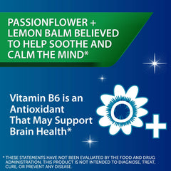 Illustration of passion flower, lemon balm, and vitamin B6 ingredients
