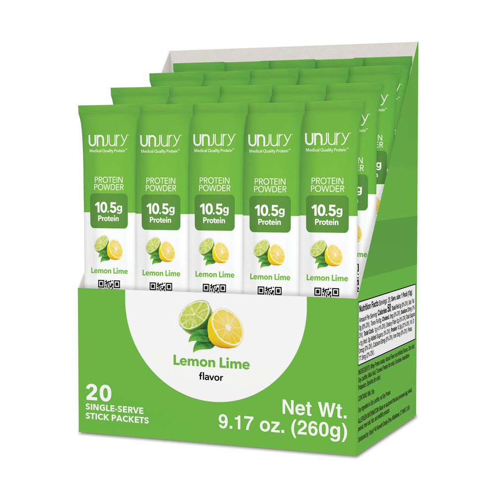 Unjury Lemon Lime stick packs for on-the-go protein fueling