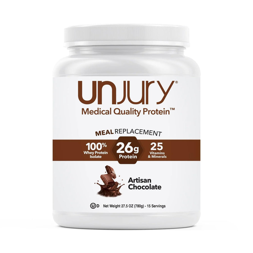 Unjury meal replacement chocolate being poured for a quick, high-protein shake.