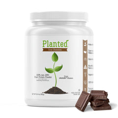 Unjury Planted chocolate pea protein bottle highlights dairy-free protein option for meals.