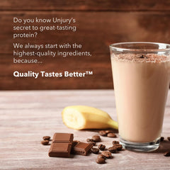 Unjury Planted glass of shake emphasizes smooth texture and chocolate flavor.