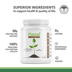 Unjury Planted chocolate pea protein powder jar close-up shows premium plant protein.