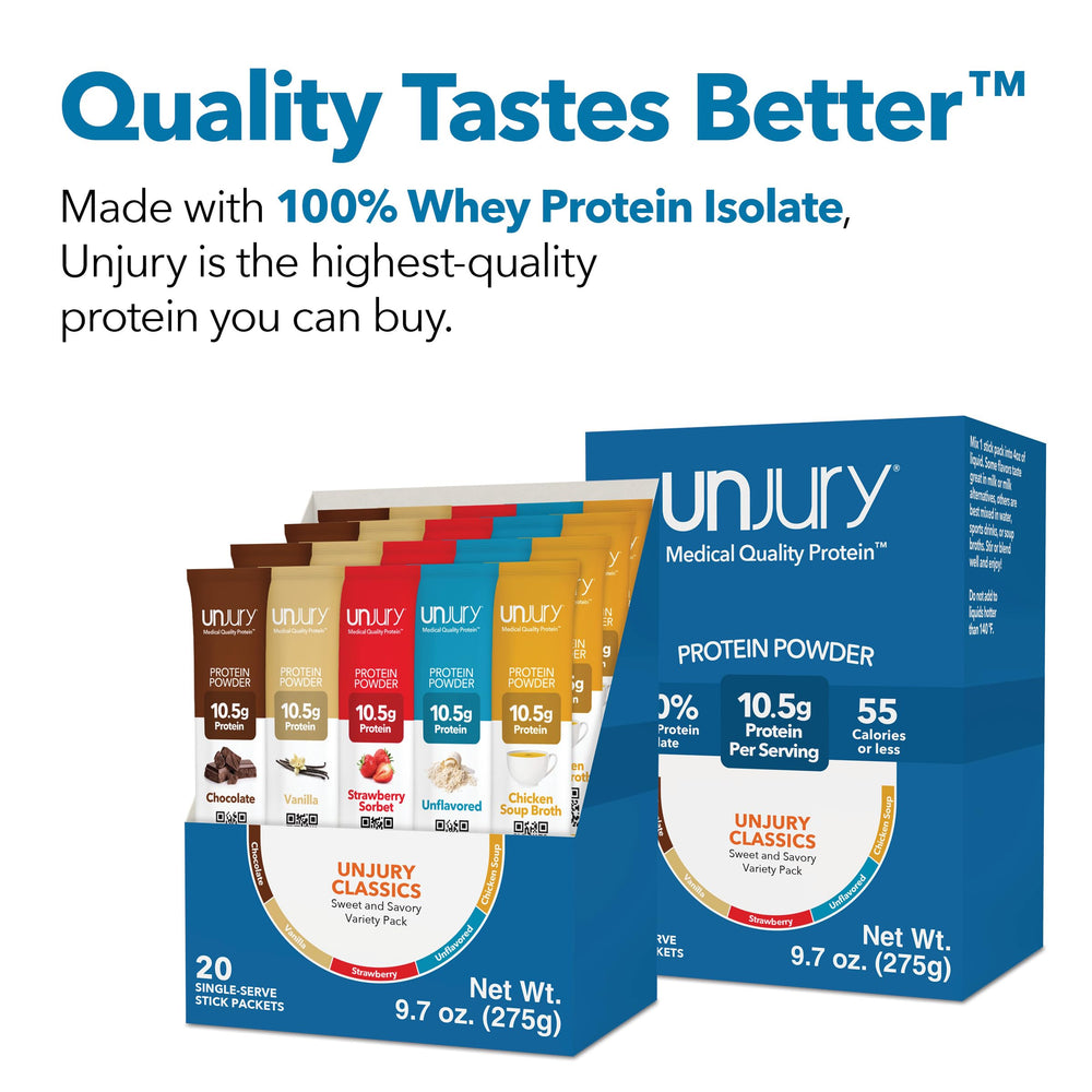 Unjury Stick Pack pour action, quick mix into milk or beverage.