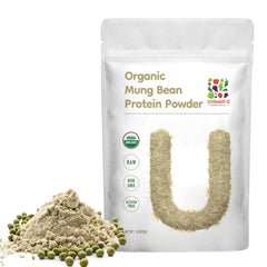 Front view of UNLEASH'D ORGANIC Mung Bean Protein Powder 16 oz package