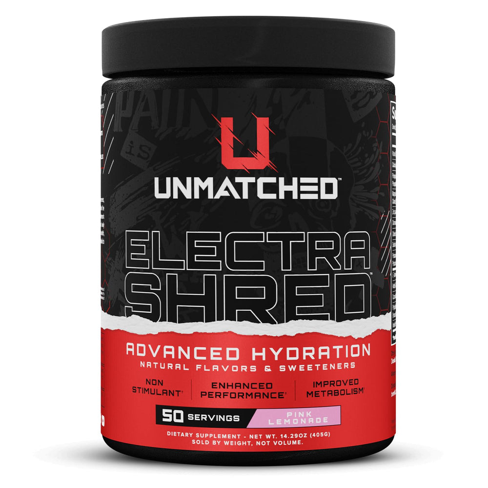Unmatched Electrashred tub opened showing pink lemonade powder for refreshing hydration.