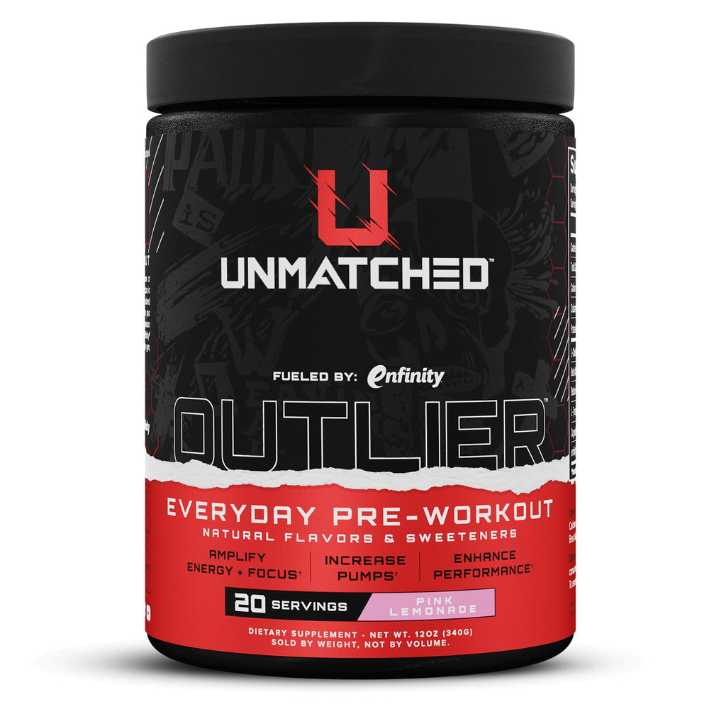 Unmatched Outlier pink lemonade pre-workout tub front, designed for a smooth energy boost during training.