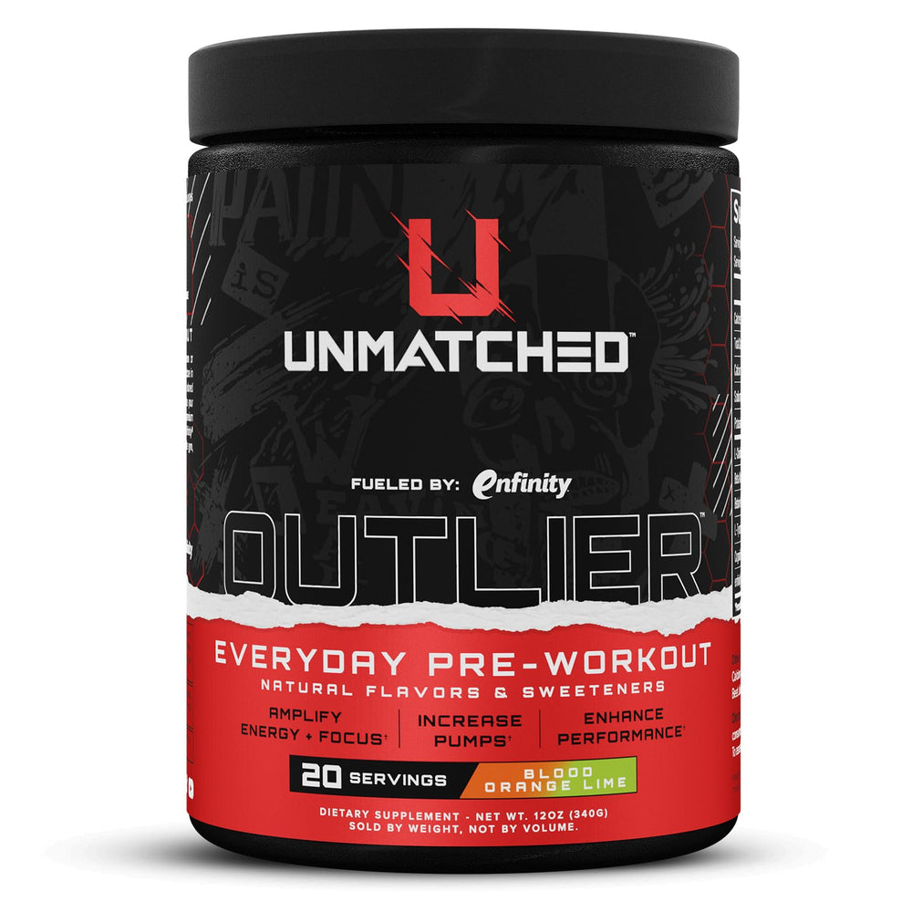 Unmatched Outlier pre-workout tub close-up showing balanced energy and focus