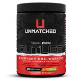 Unmatched Outlier pre-workout tub close-up showing balanced energy and focus