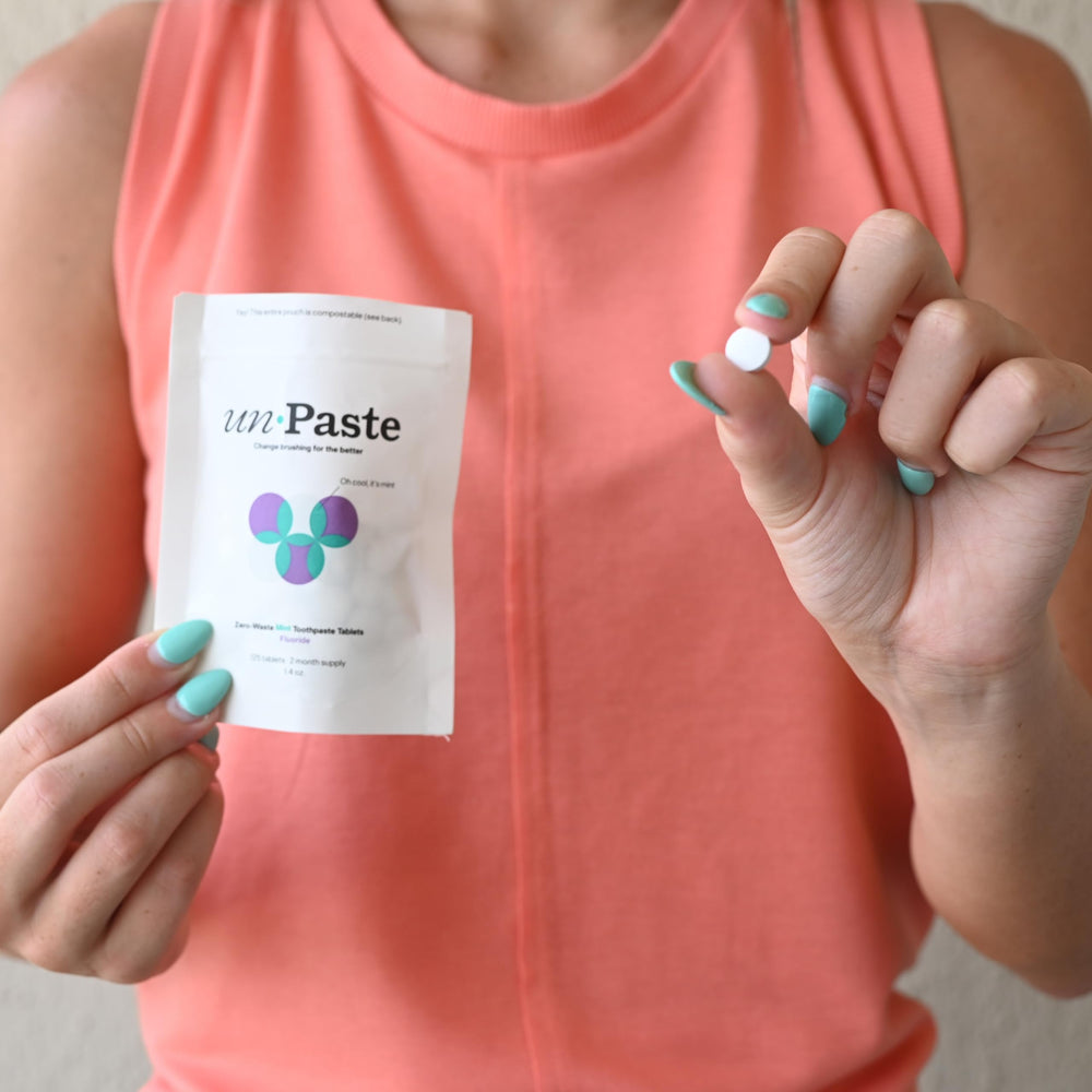 Travel-friendly resealable packet of Unpaste Toothpaste Tablets