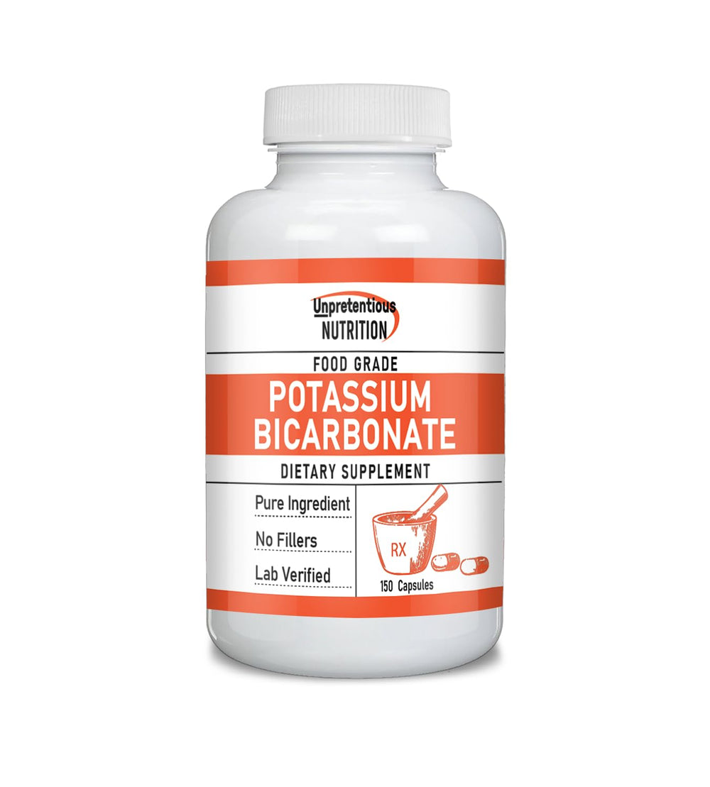 Front view of Unpretentious Potassium Bicarbonate 150 Capsules bottle