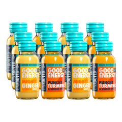 UNROOTED Good Energy Shot 12-pack Ginger & Turmeric bottles in a box