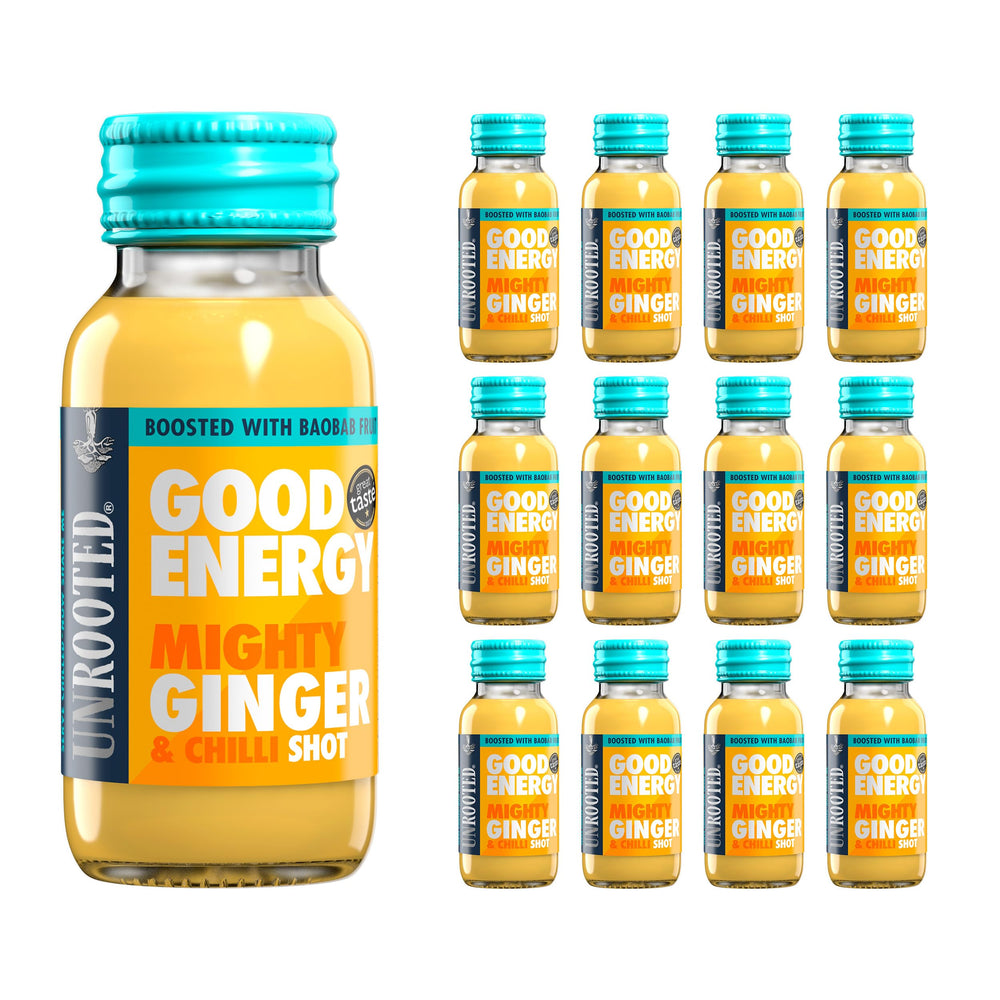Front view of UNROOTED Good Energy Shot 12 pack Mighty Ginger bottles