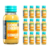 Front view of UNROOTED Good Energy Shot 12 pack Mighty Ginger bottles