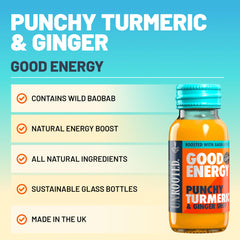 Unrooted Good Energy Shot eco packaging showcasing sustainability and community support