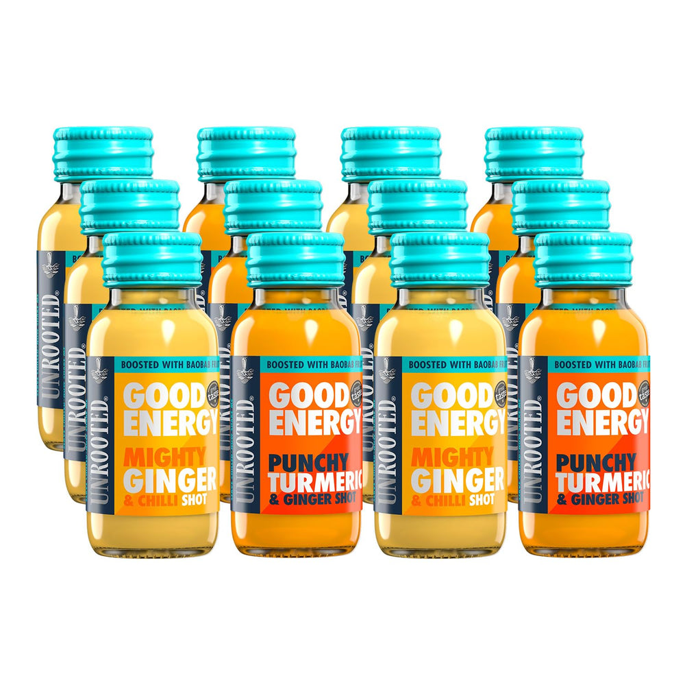 Unrooted Good Energy Shot ginger bottle visible for natural energy without jitters