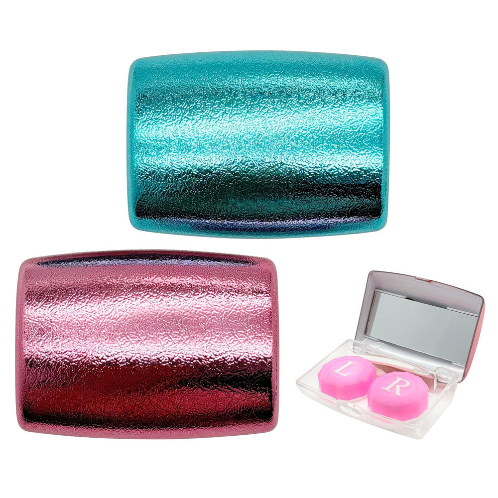 Two-tone UpaClaire contact lens travel case in rose and blue with duplex cases