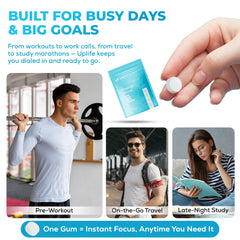 Travel-friendly UPLIFE Energy Gum tin emphasizes USA-made quality.