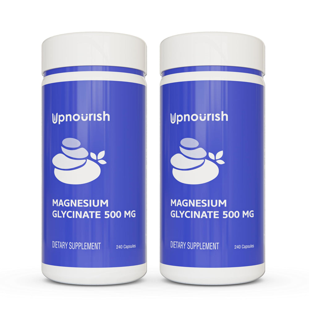 UpNourish Chelated Magnesium Glycinate 500mg value-pack bottle pair (2x480 capsules).