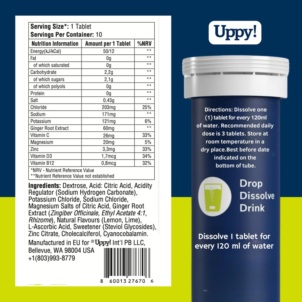 Uppy Lemon-Lime Electrolyte Tablets dissolving in glass for quick hydration during travel.