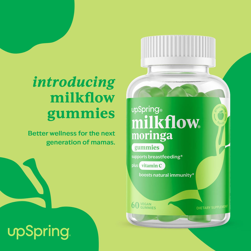 UpSpring Milkflow Moringa Gummies close-up highlighting green Apple flavor for breastfeeding support