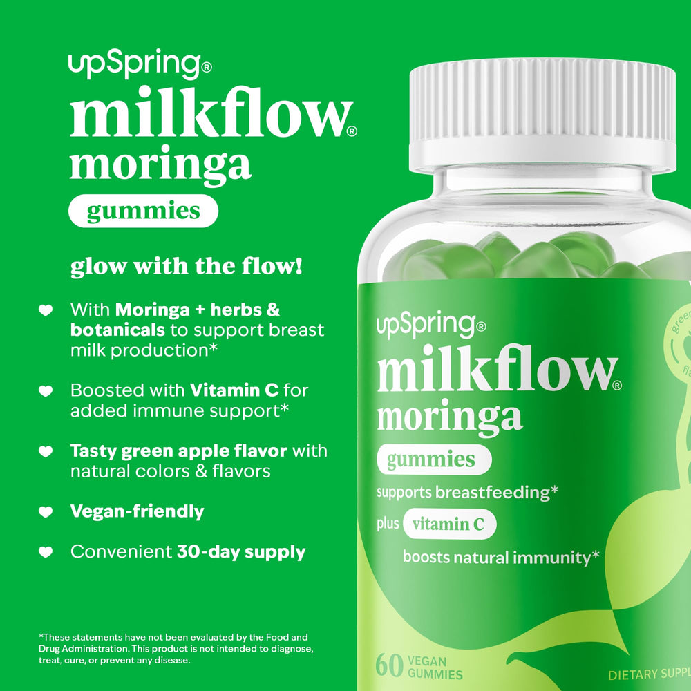 UpSpring Milkflow Moringa Gummies bottle with ingredients emphasizing vegan formula and botanicals for moms