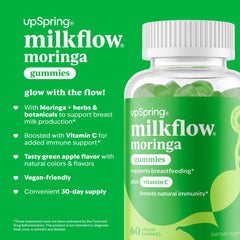 UpSpring Milkflow Moringa Gummies bottle with ingredients emphasizing vegan formula and botanicals for moms