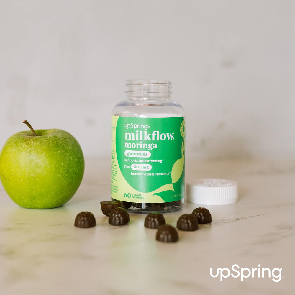 UpSpring Milkflow Moringa Gummies packaging back with nutrition highlights