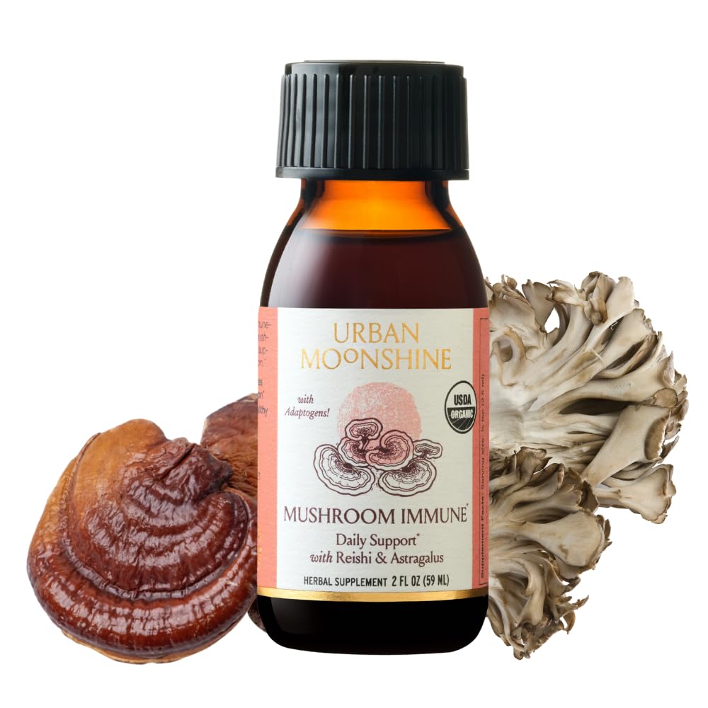 Bottle of Urban Moonshine Mushroom Immune daily support with reishi and astragalus.