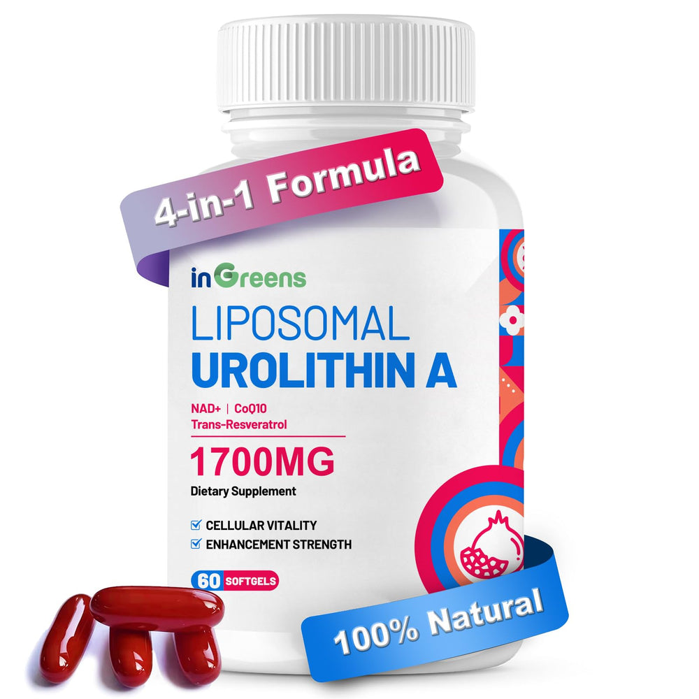 Bottle of Urolithin A 1700mg with NAD+, CoQ10 and Trans-Resveratrol, 60 softgels