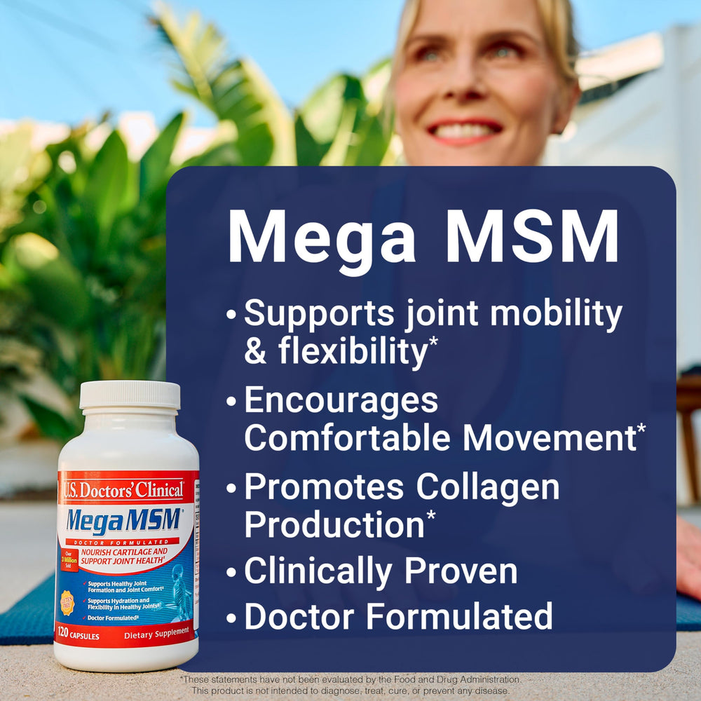 U.S. Doctors’ Clinical Mega MSM bottle label highlights vitamin C and collagen ingredients.