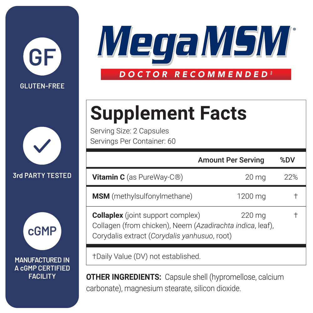 U.S. Doctors’ Clinical Mega MSM neem and Corydalis blend shown beside herbs.