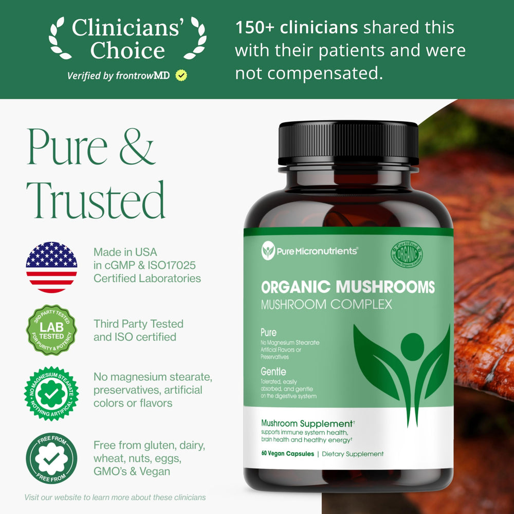 Packaging of USA-grown organic mushroom supplement