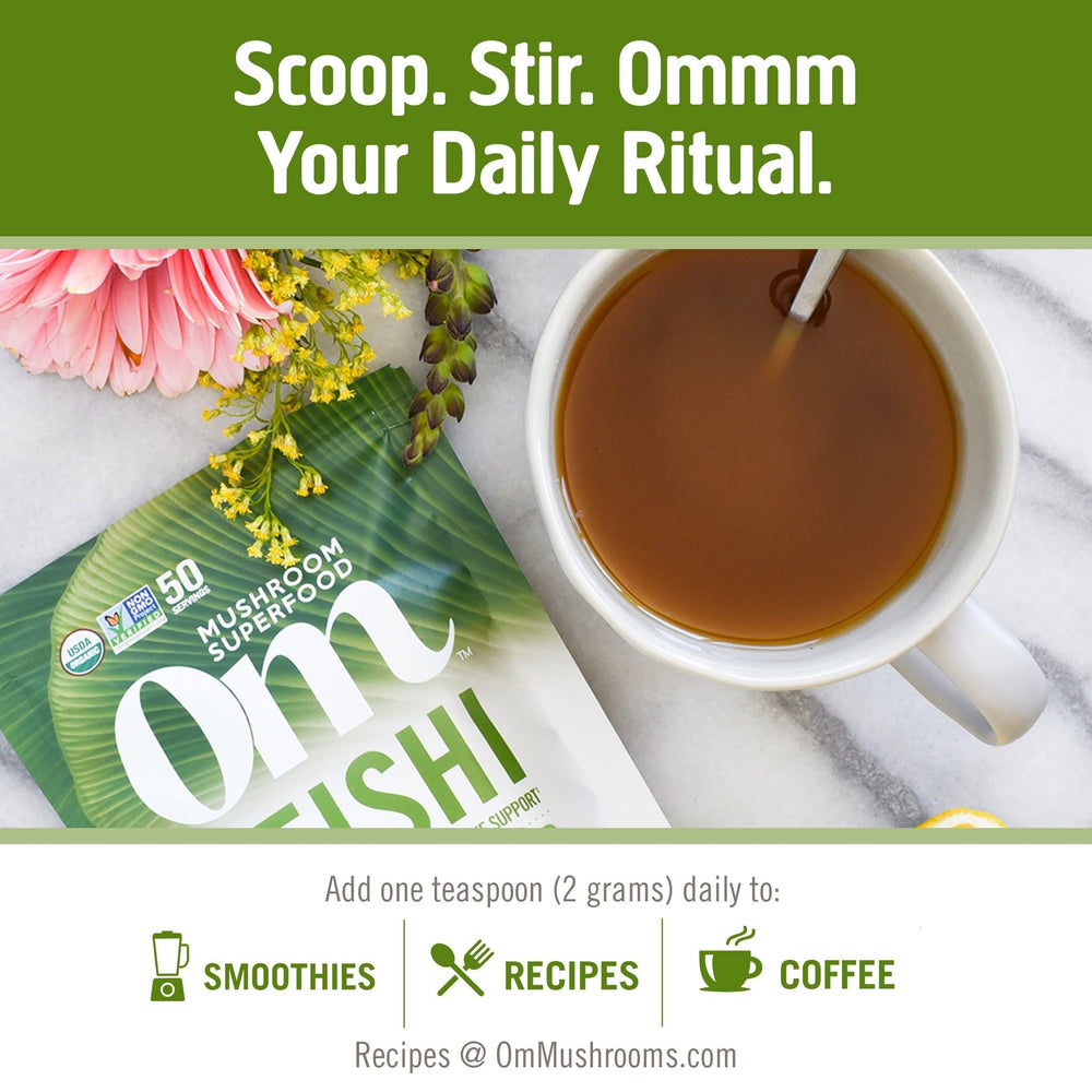USA-grown Om Mushrooms Reishi powder in a jar