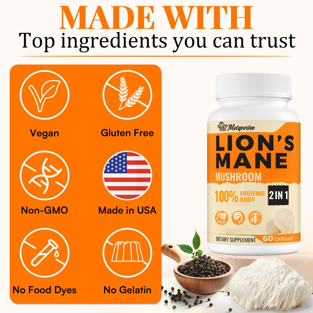 Supplement facts and GMP seal on Lions Mane bottle