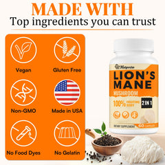Supplement facts and GMP seal on Lions Mane bottle