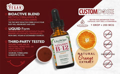 Made in the USA, vegan, non-GMO liquid B12 product.