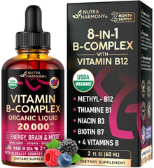 USDA Organic B-Complex Liquid Drops front view bottle, 2 oz