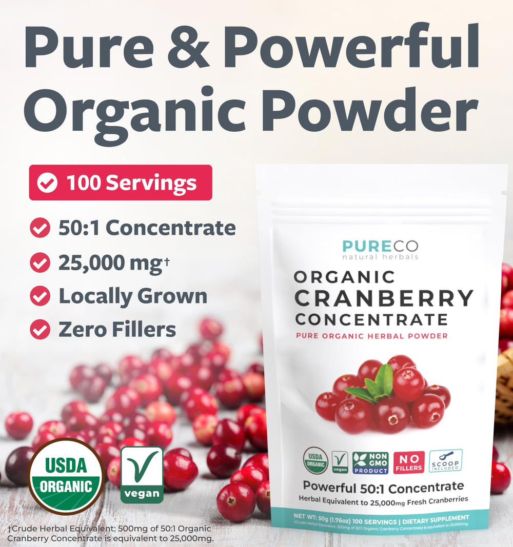 Cranberry concentrate powder label showing USDA Organic and 50:1