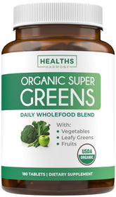 Bottle of USDA Organic Super Greens tablets on a white background
