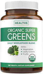 Bottle of USDA Organic Super Greens tablets on a white background