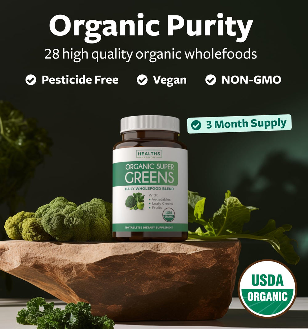 Arrangement of Super Greens tablets with greens and fruits