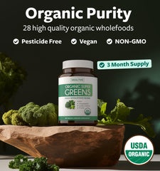 Arrangement of Super Greens tablets with greens and fruits