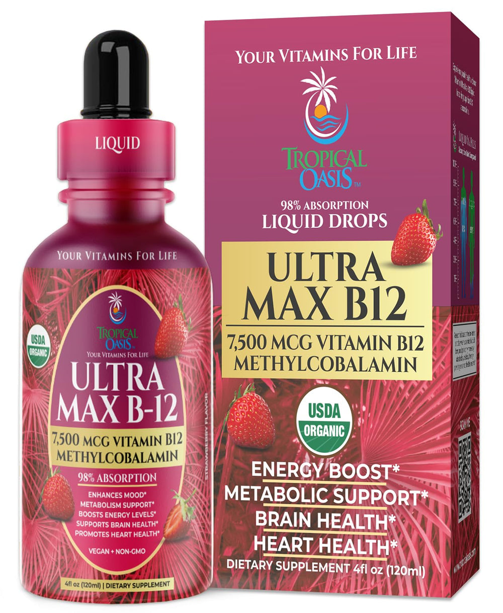 USDA Organic Ultra Max B12 7500mcg bottle with strawberry flavor 4oz