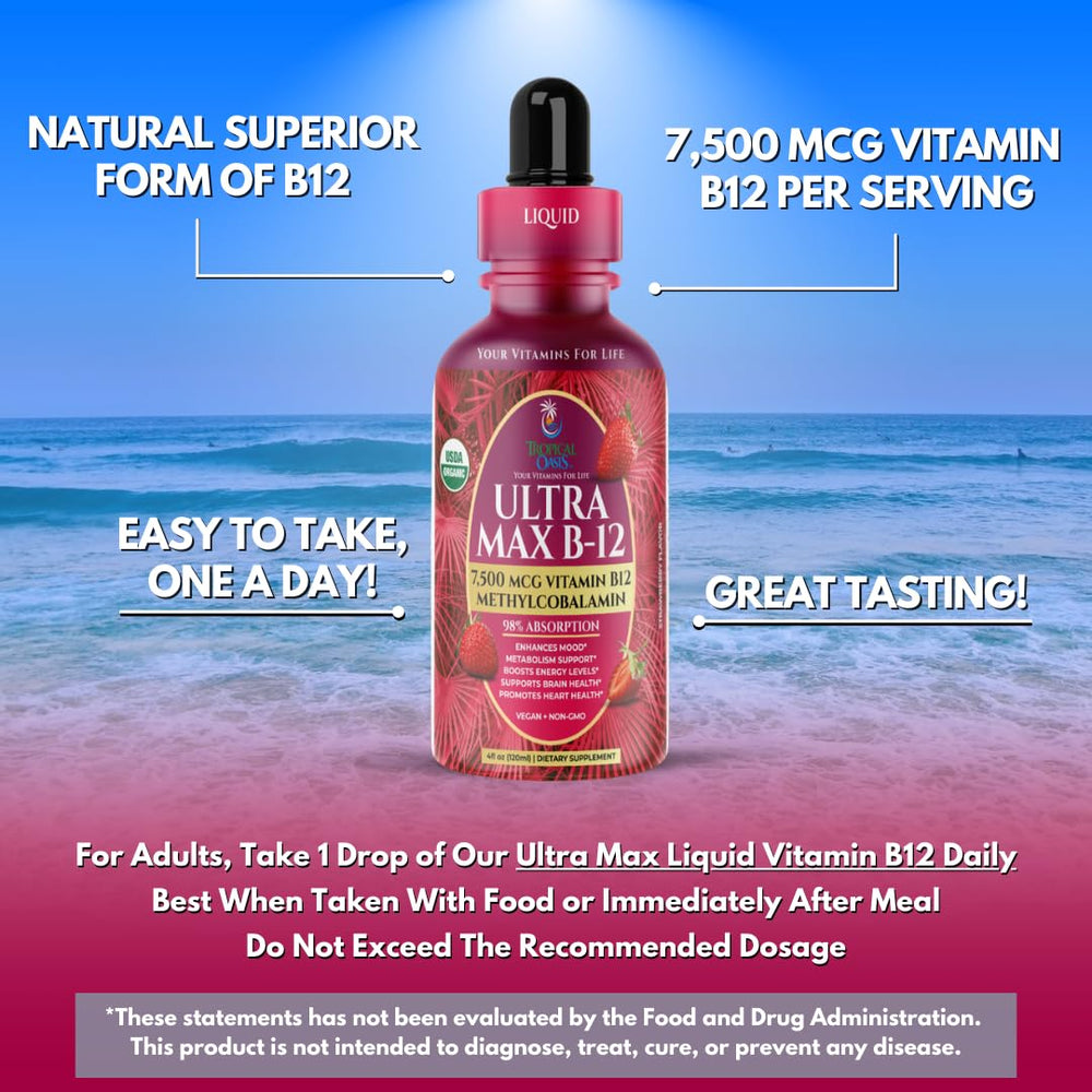 Nutrition information and organic seal on Ultra Max B12 container