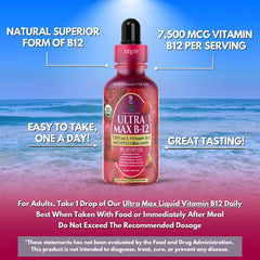 Nutrition information and organic seal on Ultra Max B12 container