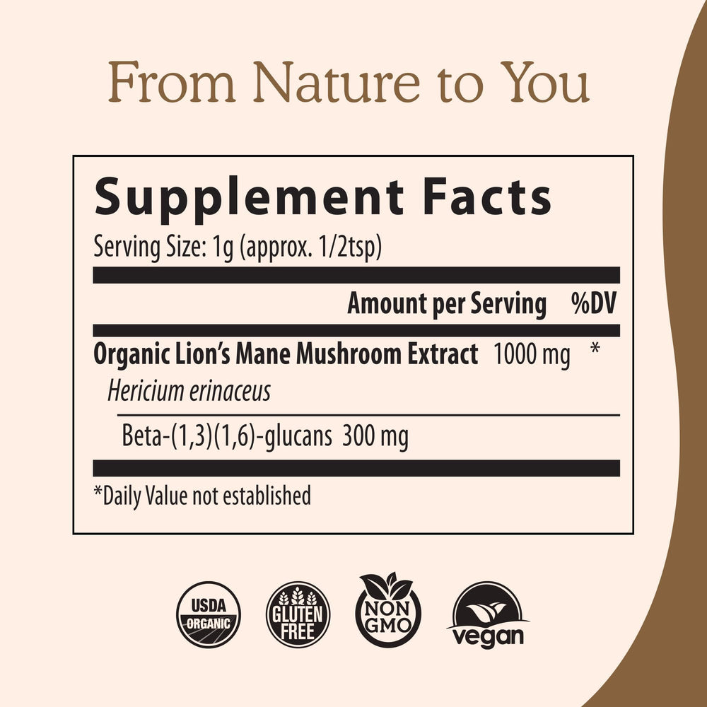 USDA Organic vegan gluten-free non-GMO Lions Mane supplement
