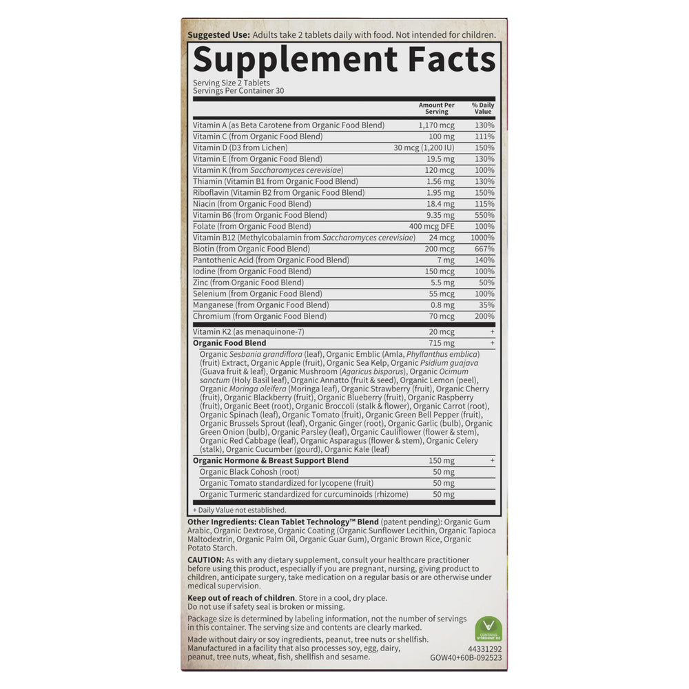 USDA Organic vegan multivitamin label close-up