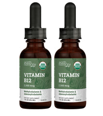Front view of USDA Organic Vitamin B12 liquid drops 2000mcg 2-pack 1 oz